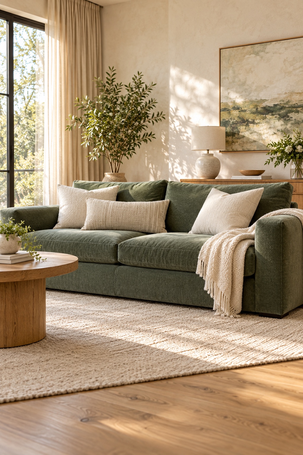 Illustrative inviting living room with a sage sofa