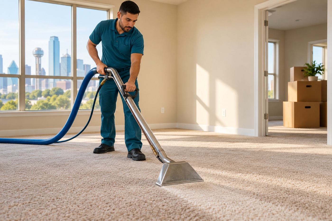 Illustrative professional cleaning carpet in an empty apartment with moving boxes