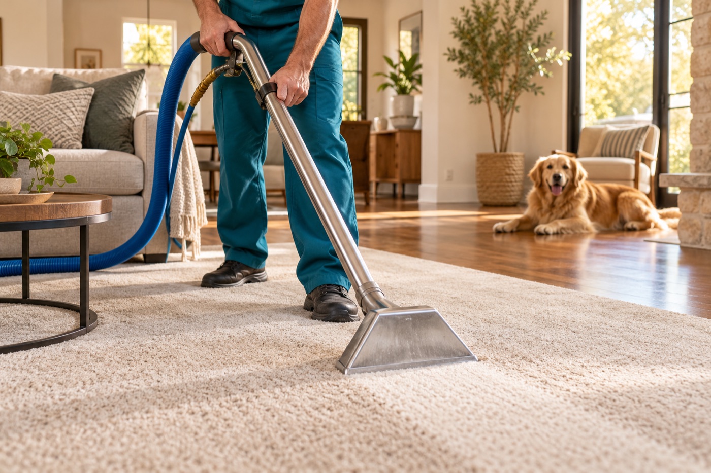 Illustrative professional extracting a carpet in a pet-friendly living room with a dog safely in the background