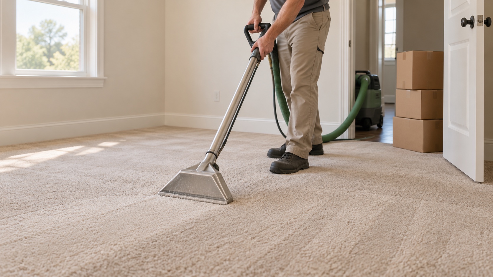 Illustrative professional cleaning carpet in an empty apartment near moving boxes