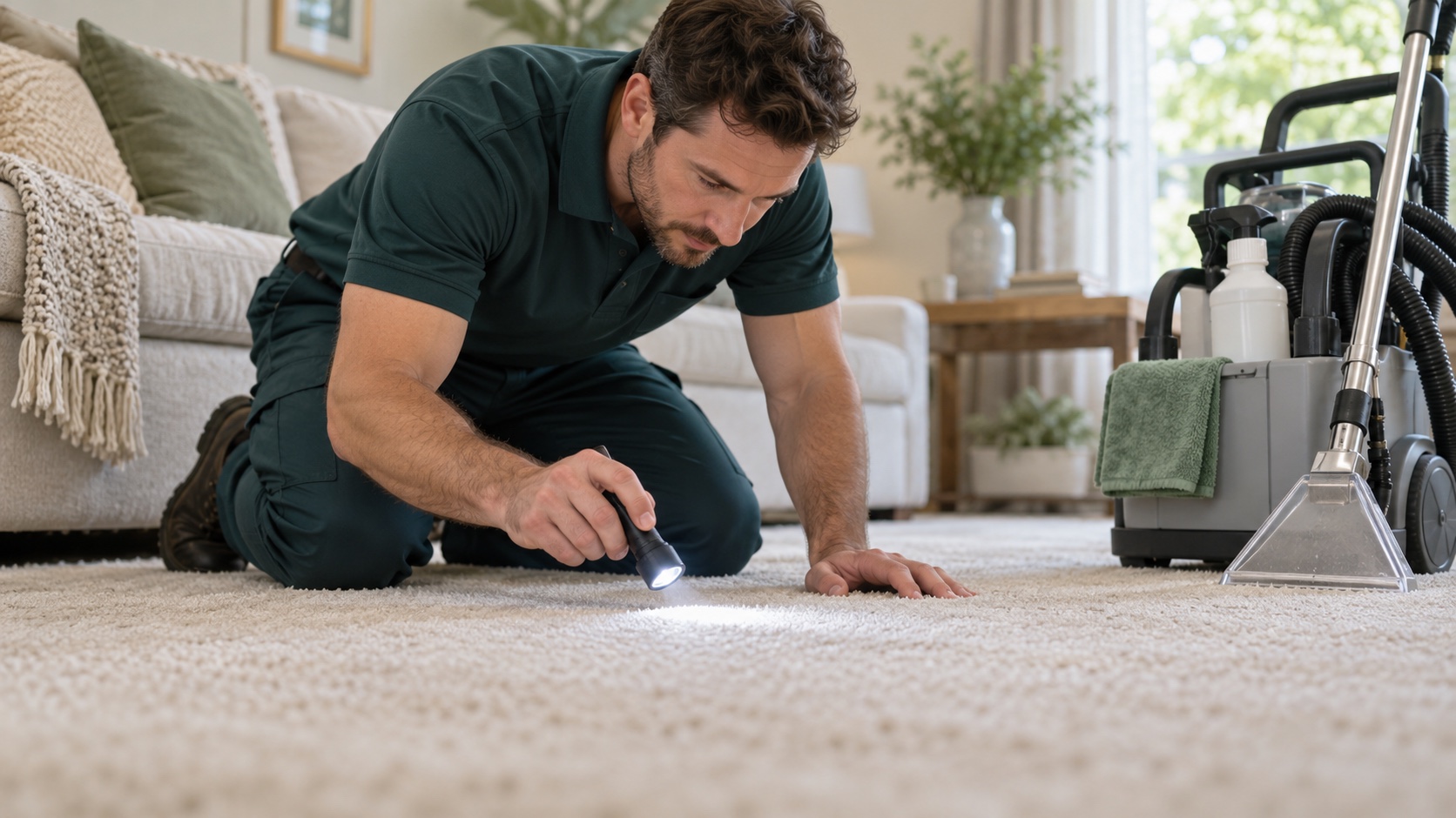Illustrative professional inspecting a carpet area for pet odor treatment