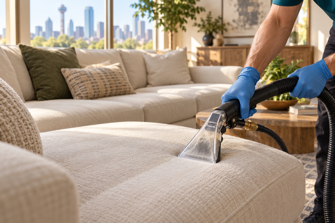 Illustrative professional using an upholstery extractor on a sofa cushion